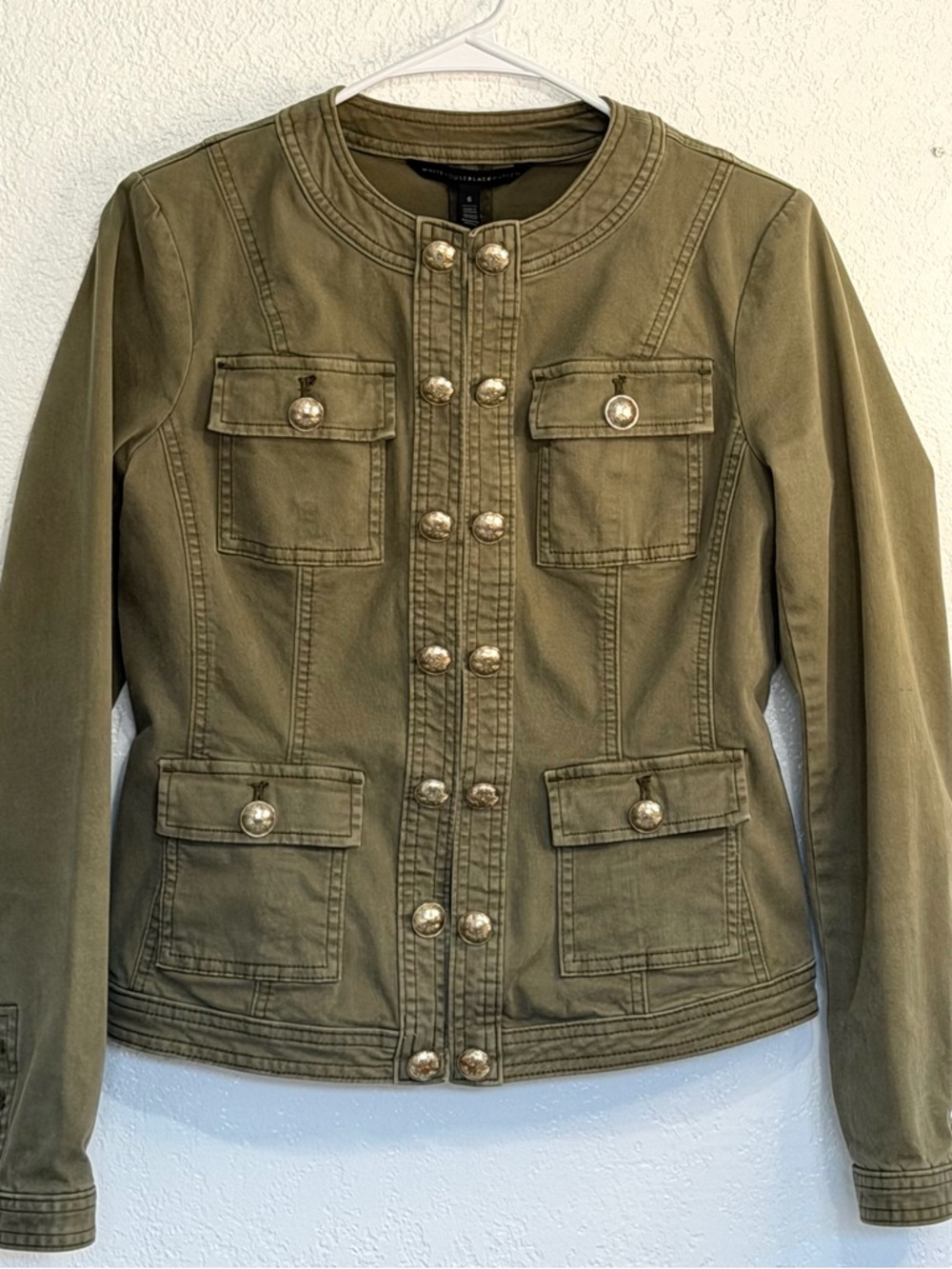 WHBM Military Band Jacket Olive Green Officer Coat  Gold Crest Buttons - Size 6